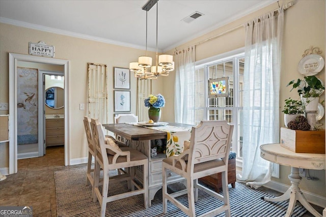 dining room featuring visible vents, an inviting chandelier, ornamental molding, baseboards, and tile patterned floors