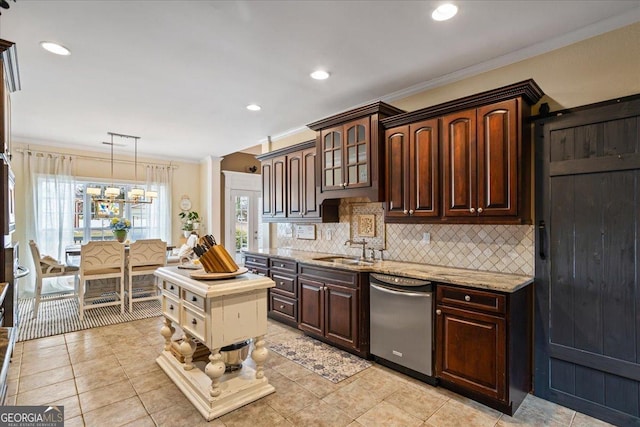 kitchen with decorative backsplash, a sink, stainless steel dishwasher, and ornamental molding