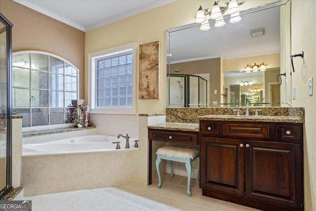 full bathroom with a garden tub, vanity, a shower stall, tile patterned floors, and crown molding