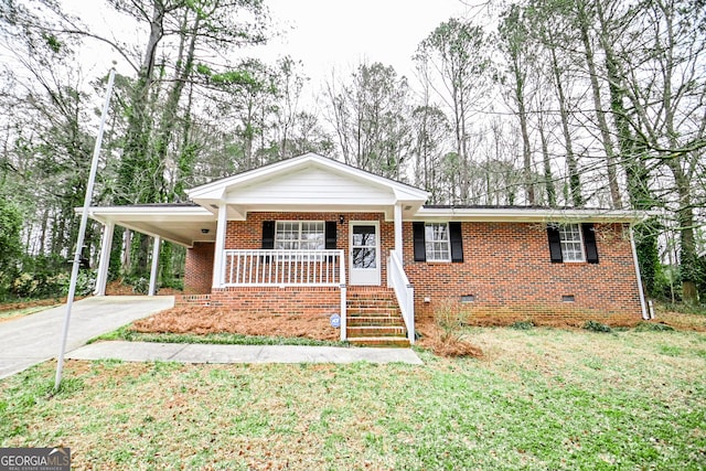 single story home with concrete driveway, crawl space, covered porch, a carport, and brick siding