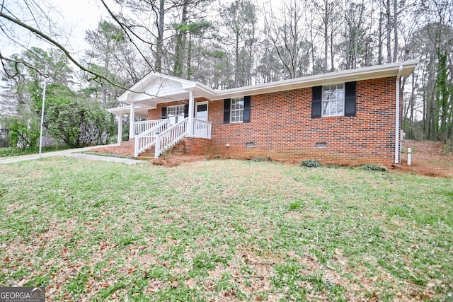 single story home with a front lawn, crawl space, a porch, and brick siding