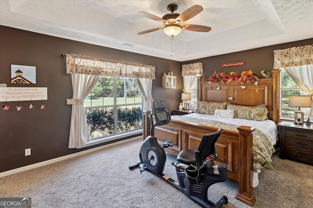 bedroom featuring carpet floors, a raised ceiling, visible vents, a textured ceiling, and baseboards