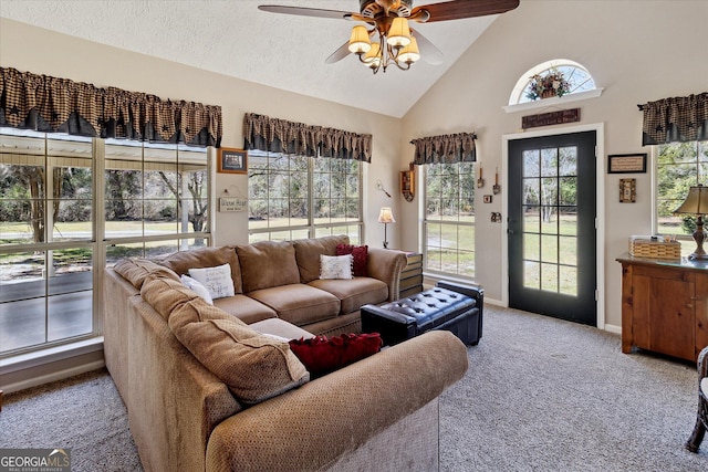 living area featuring a textured ceiling, ceiling fan, high vaulted ceiling, baseboards, and carpet