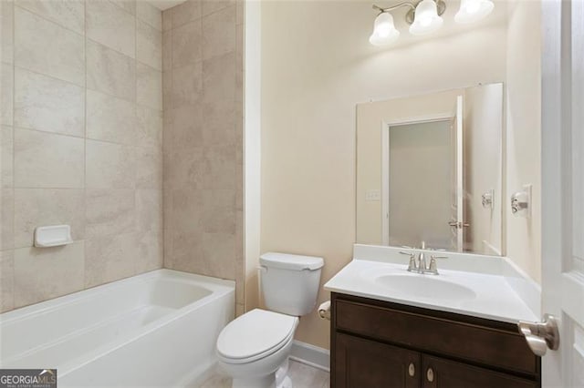 bathroom with vanity, toilet, bathtub / shower combination, and baseboards