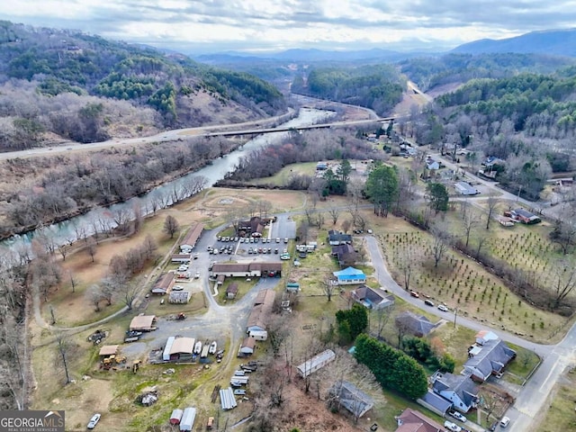 bird's eye view featuring a forest view and a water and mountain view