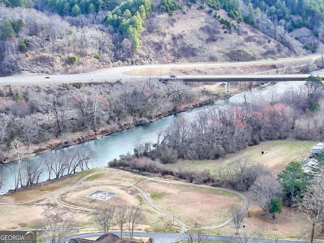 bird's eye view with a water view