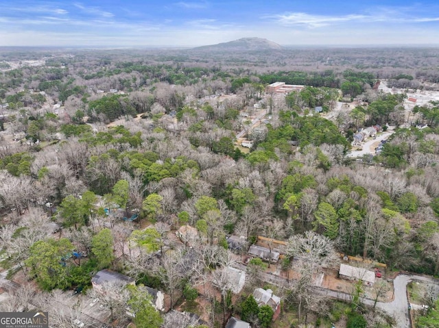 drone / aerial view with a mountain view and a view of trees