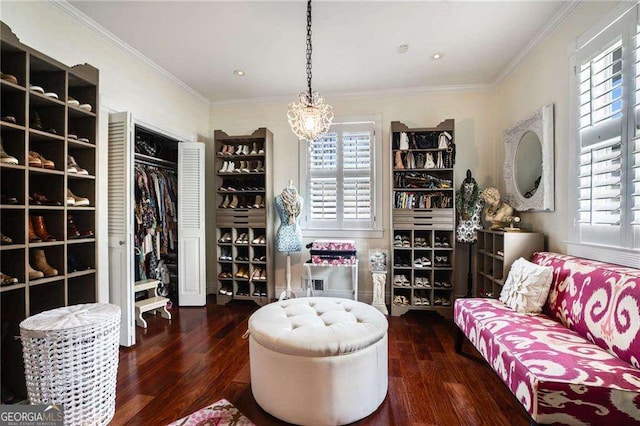 spacious closet with a chandelier and wood finished floors