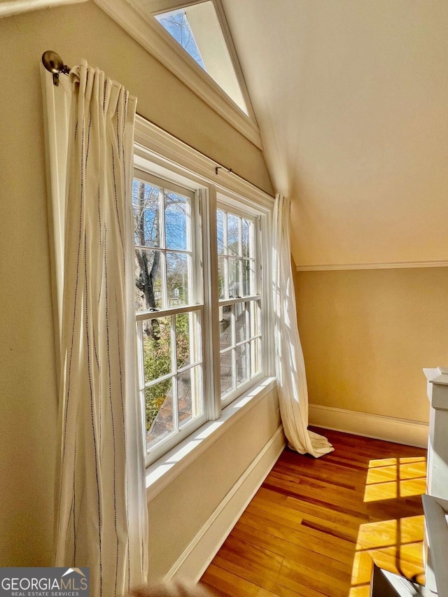 interior space featuring vaulted ceiling with skylight, wood finished floors, and baseboards