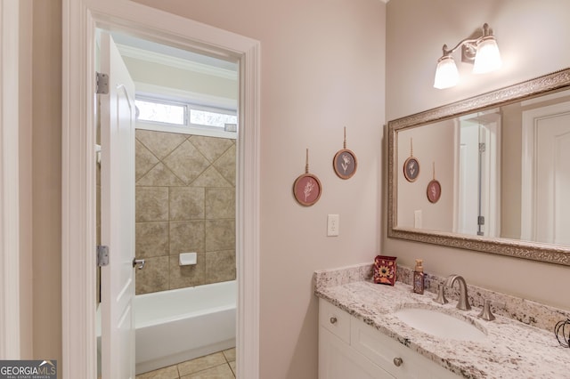 bathroom with tile patterned floors, vanity, and ornamental molding