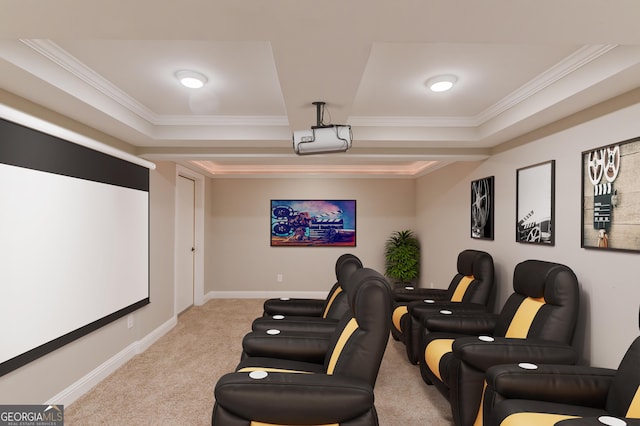 cinema featuring a tray ceiling, crown molding, light colored carpet, and baseboards