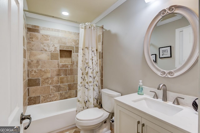 full bathroom with shower / bath combo, toilet, vanity, and ornamental molding