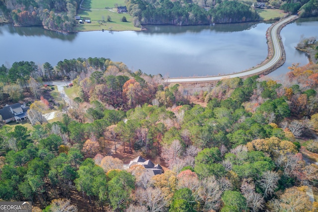 birds eye view of property featuring a water view and a wooded view