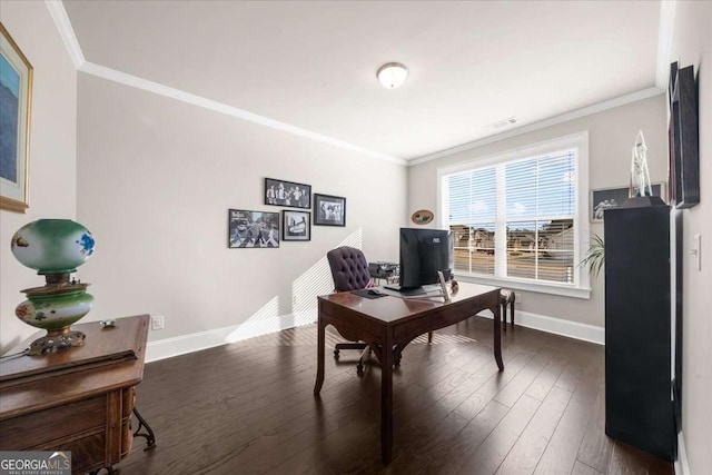 office featuring baseboards, dark wood-style flooring, and crown molding