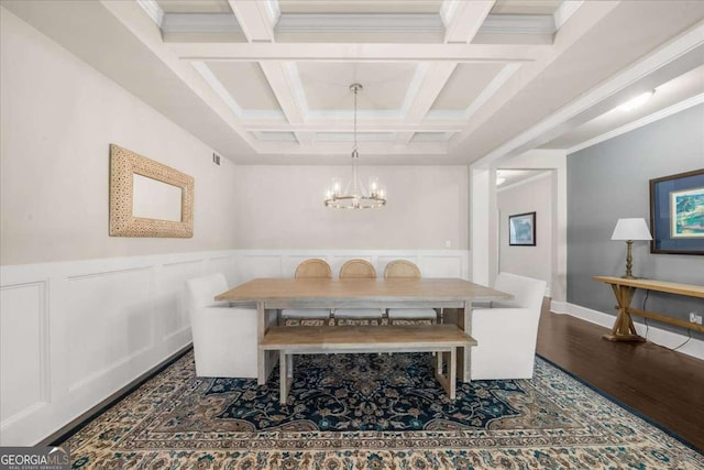 dining area featuring a notable chandelier, a wainscoted wall, coffered ceiling, wood finished floors, and beamed ceiling