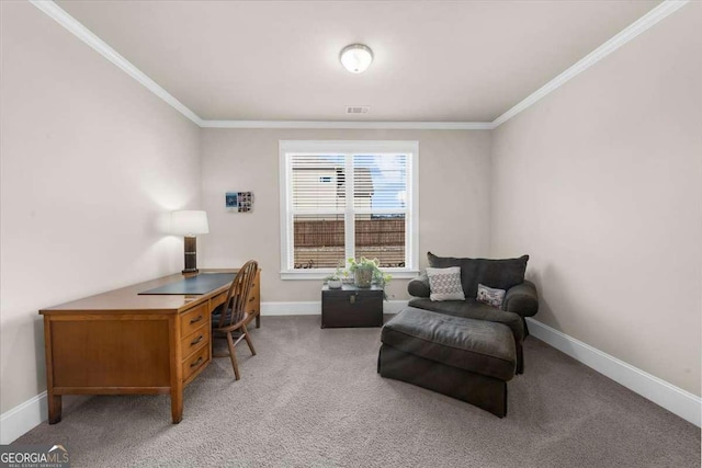 carpeted office with ornamental molding, visible vents, and baseboards