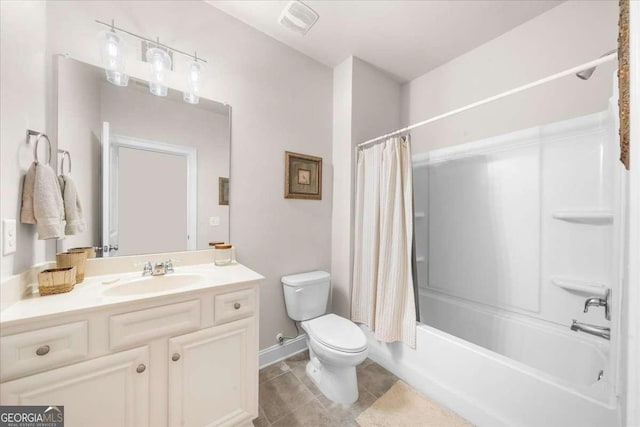 bathroom with shower / tub combo, visible vents, toilet, tile patterned flooring, and vanity