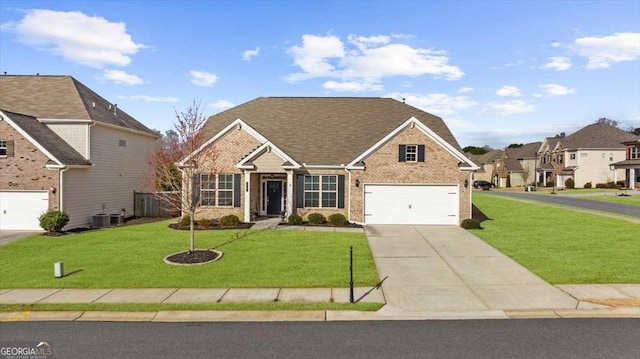 view of front of property featuring an attached garage, driveway, brick siding, and a front yard