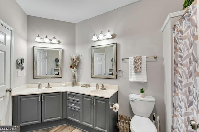 full bath with double vanity, wood finished floors, a sink, and toilet