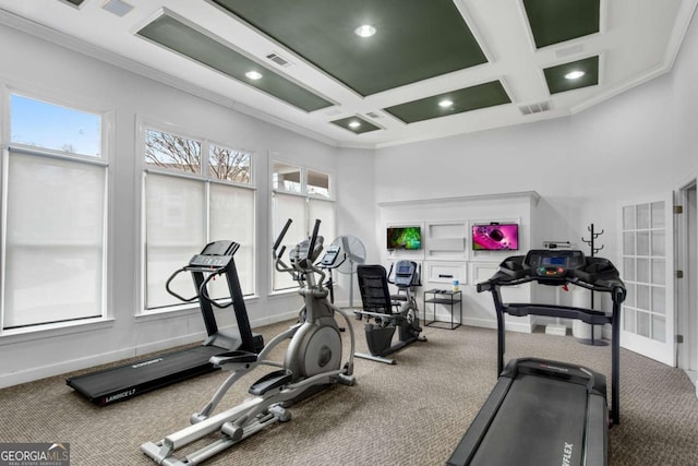 workout area with carpet floors, coffered ceiling, visible vents, and baseboards