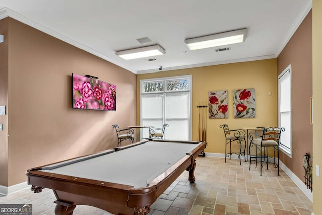 recreation room featuring crown molding, visible vents, stone finish floor, billiards, and baseboards