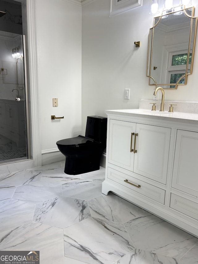 bathroom with a shower stall, ornamental molding, vanity, and marble look tiles