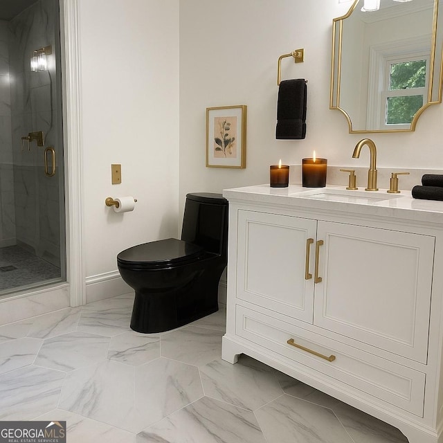 bathroom featuring a stall shower, vanity, toilet, marble look tiles, and baseboards