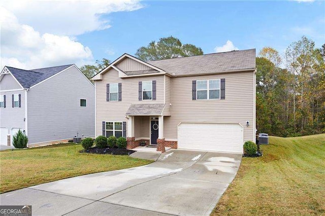 view of front of home with an attached garage, cooling unit, brick siding, concrete driveway, and a front yard