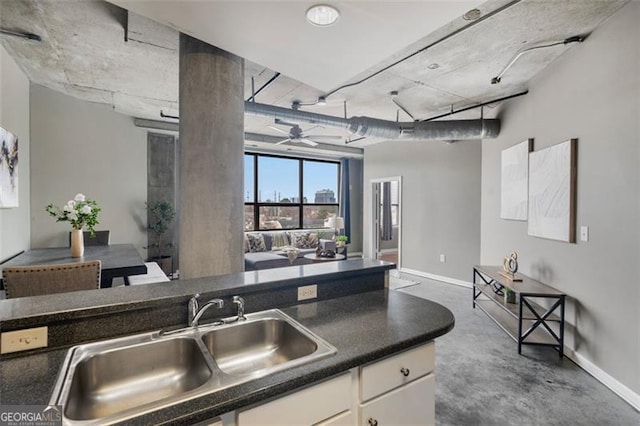 kitchen featuring dark countertops, white cabinetry, a sink, concrete floors, and baseboards