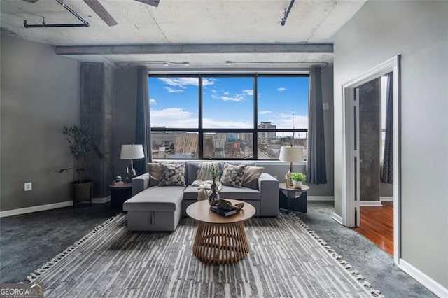 living area featuring baseboards