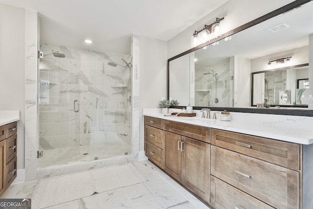 bathroom with recessed lighting, visible vents, vanity, marble finish floor, and a stall shower