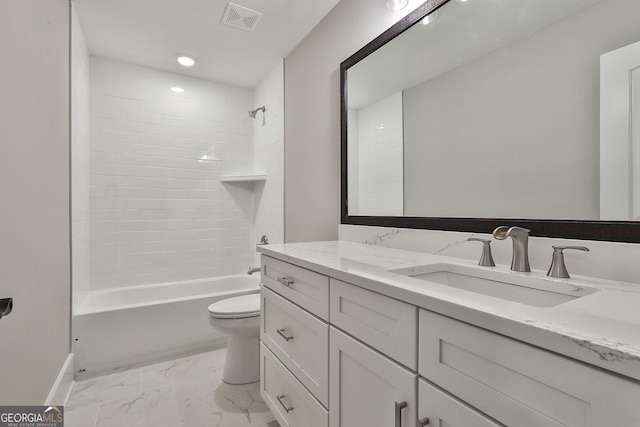 full bathroom featuring marble finish floor, bathing tub / shower combination, visible vents, toilet, and vanity