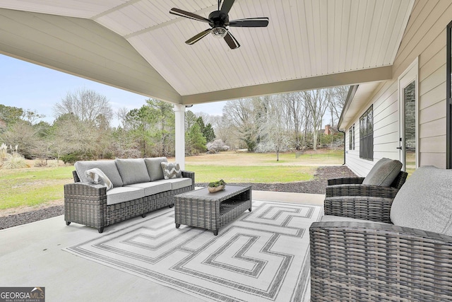 view of patio featuring a ceiling fan and outdoor lounge area