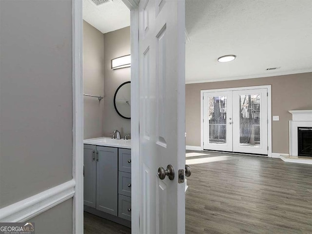 bathroom featuring visible vents, a fireplace with raised hearth, vanity, wood finished floors, and french doors