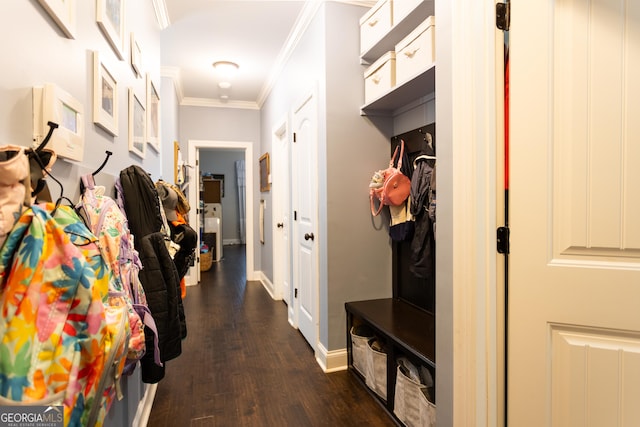 mudroom featuring dark wood-style floors, baseboards, and ornamental molding