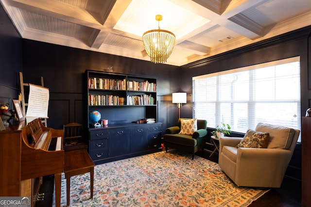 office with crown molding, beamed ceiling, coffered ceiling, and a decorative wall