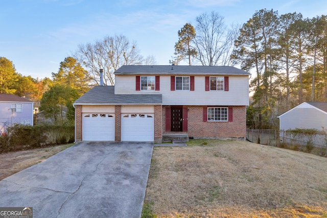 colonial house featuring concrete driveway, a garage, fence, and brick siding