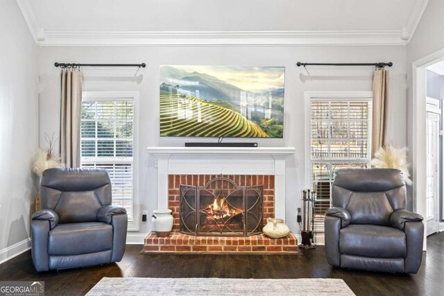 living area with baseboards, a fireplace, wood finished floors, and crown molding