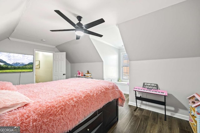 bedroom with dark wood-style floors, baseboards, vaulted ceiling, and ornamental molding