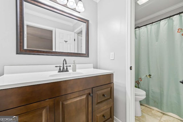 full bath with toilet, tile patterned floors, vanity, and crown molding