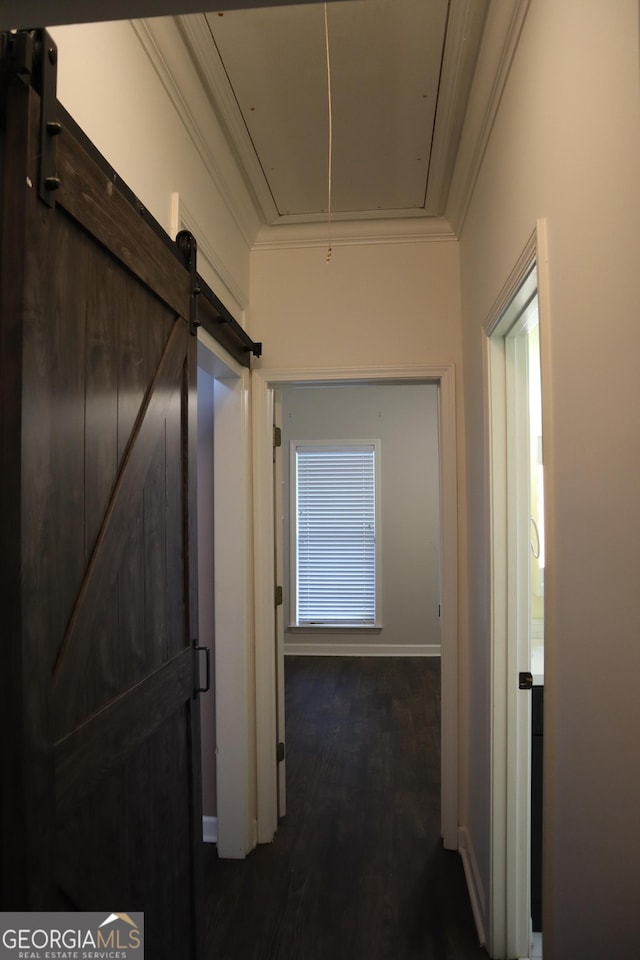 hallway featuring attic access, dark wood-type flooring, and crown molding