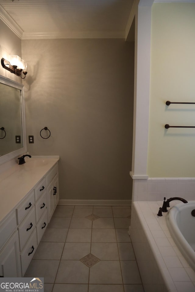 bathroom with ornamental molding, a relaxing tiled tub, vanity, and tile patterned flooring