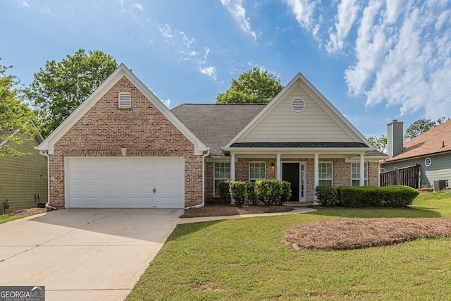 view of front of property featuring an attached garage, brick siding, a front yard, and concrete driveway