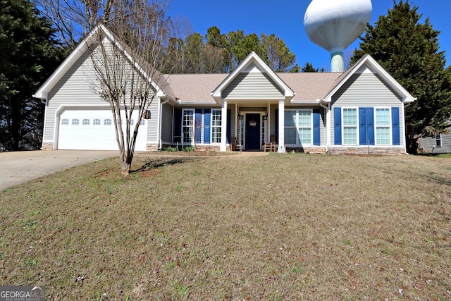 ranch-style home featuring an attached garage, a front lawn, and concrete driveway