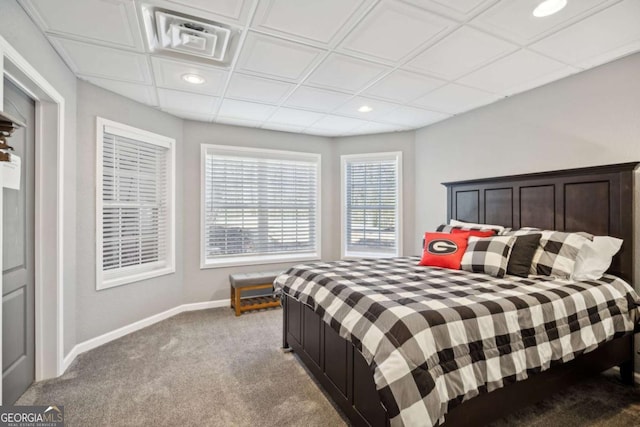 bedroom with carpet flooring, recessed lighting, and baseboards