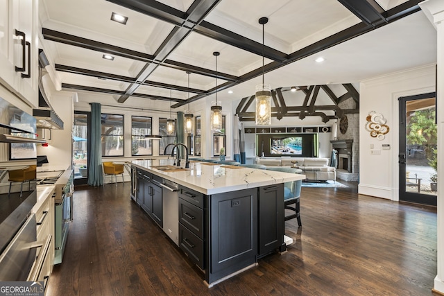 kitchen with a sink, open floor plan, dark wood finished floors, a large fireplace, and dark cabinets