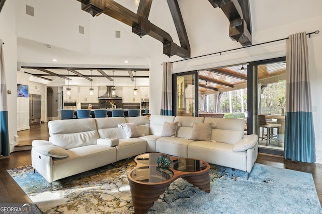 living area with beamed ceiling, recessed lighting, dark wood-style floors, and high vaulted ceiling