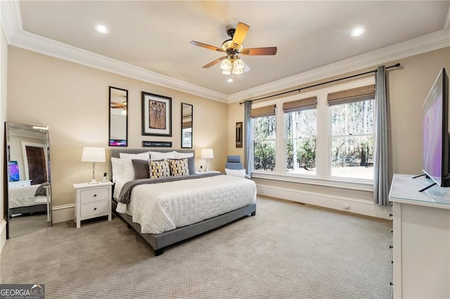 bedroom with ornamental molding, recessed lighting, carpet floors, baseboards, and ceiling fan