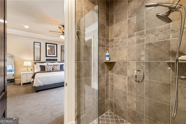 ensuite bathroom with connected bathroom, a stall shower, and ornamental molding