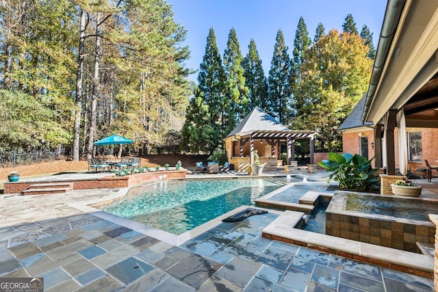 outdoor pool featuring a pergola, a patio, and fence